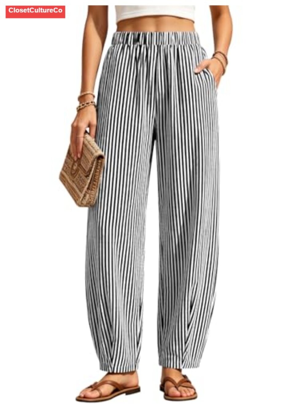 Womens Barrel Harem Travel Pants Baggy Casual Gingham Striped Ankle Tapered